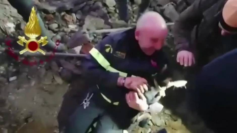 Un bombero italiano a cava la tierra con sus manos para sacar a dos perros atrapados en la guarida de un zorro