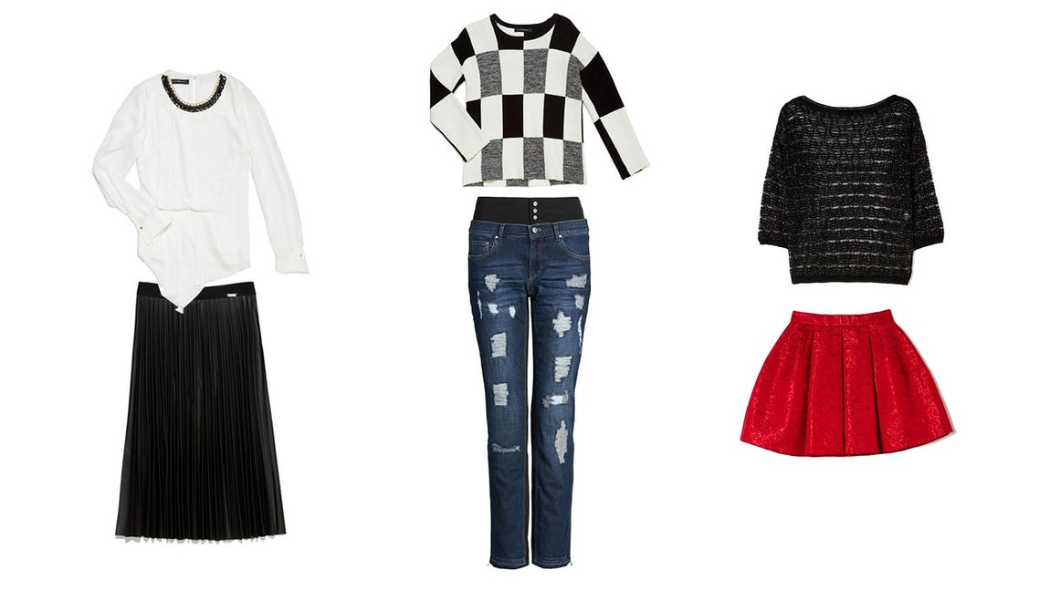 También podemos elegir un conjunto de fiesta con falda plisada de Lolitas&amp;L y blusa de Laura Bernal, un must imprescindible, o top de Laura Bernal en blanco y negro con pantalones de Janis. Otra opción divertida y juvenil es la falda roja y el jersey negro de fiesta de Benetton. 