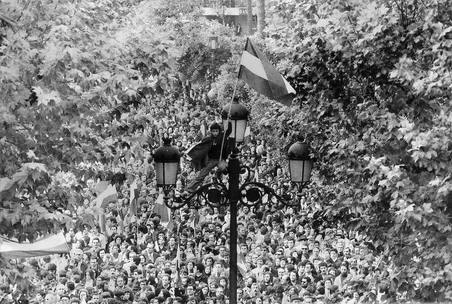 Un joven enarbola la bandera andaluza sobre la multitud de aquel día de diciembre del 77