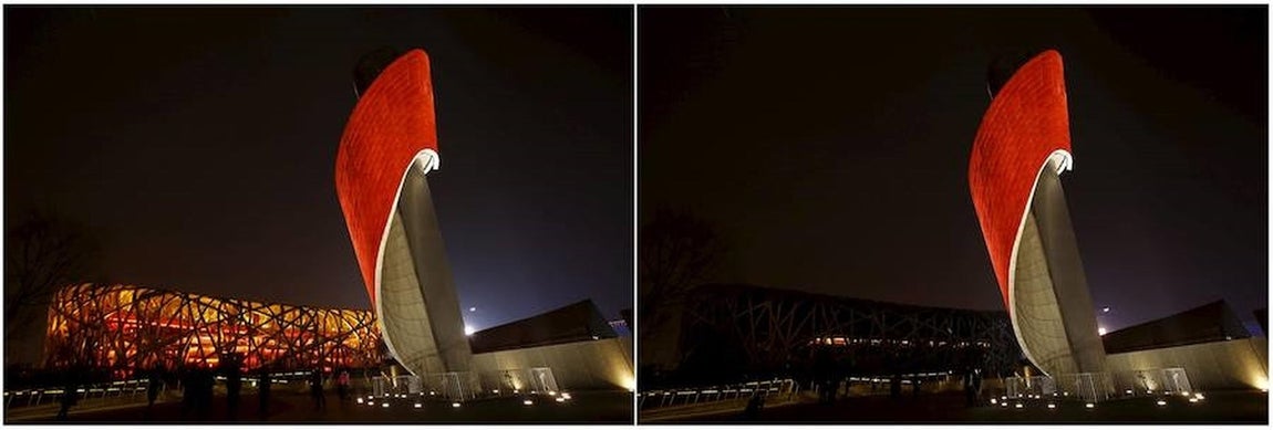 El estadio olímpico del Nido del Pájaro en Pekín, con y sin luz. 