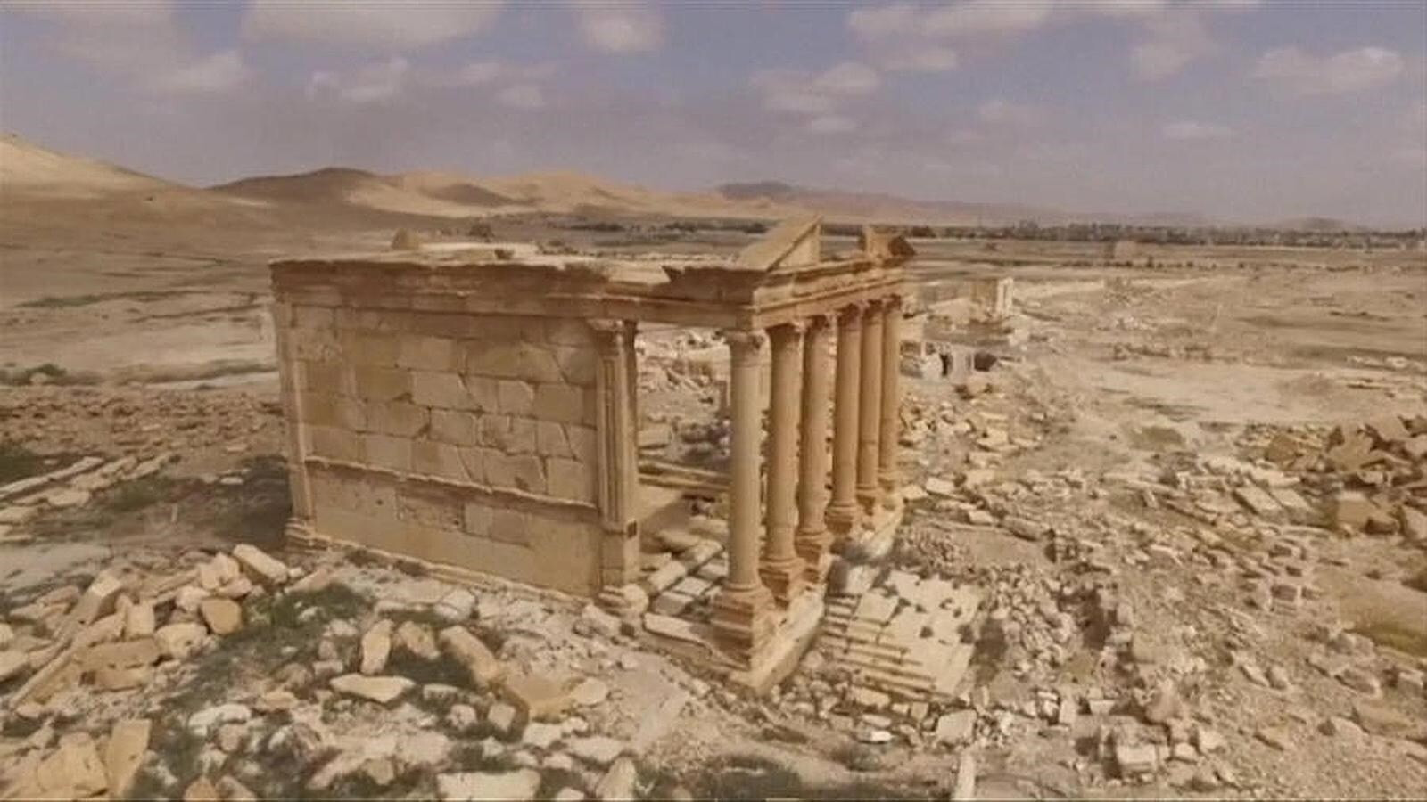 Uno de los templos de las ruinas de Palmira, en una imagen captada por un dron ruso