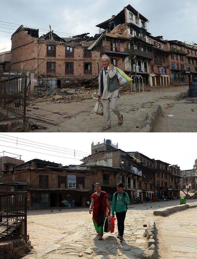 La ciudad de Bhaktapur los días posteriores al terremoto de Nepal y en la actualidad. 