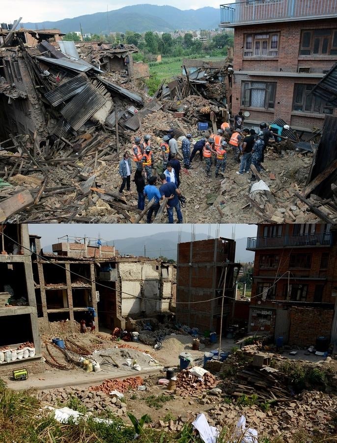La ciudad de Bhaktapur los días posteriores al terremoto de Nepal y en la actualidad. 