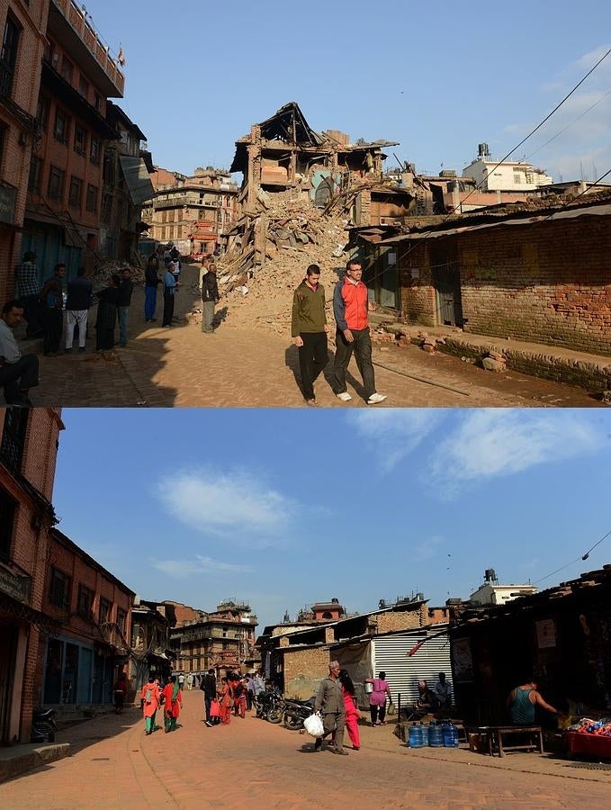 La ciudad de Bhaktapur los días posteriores al terremoto de Nepal y en la actualidad. 