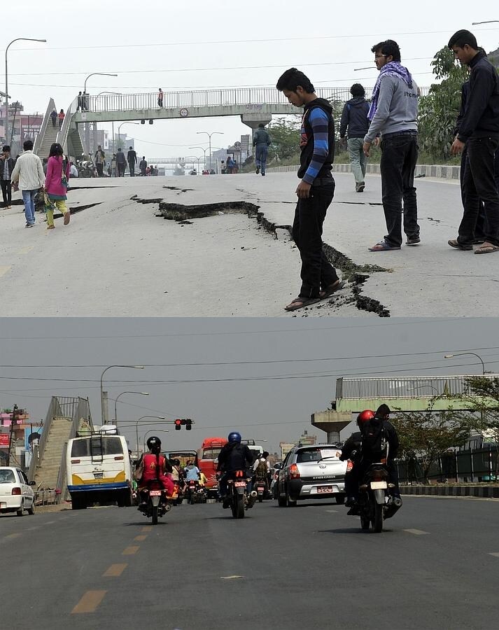 Una carretera dañada durante el terremoto de Nepal y su estado actual