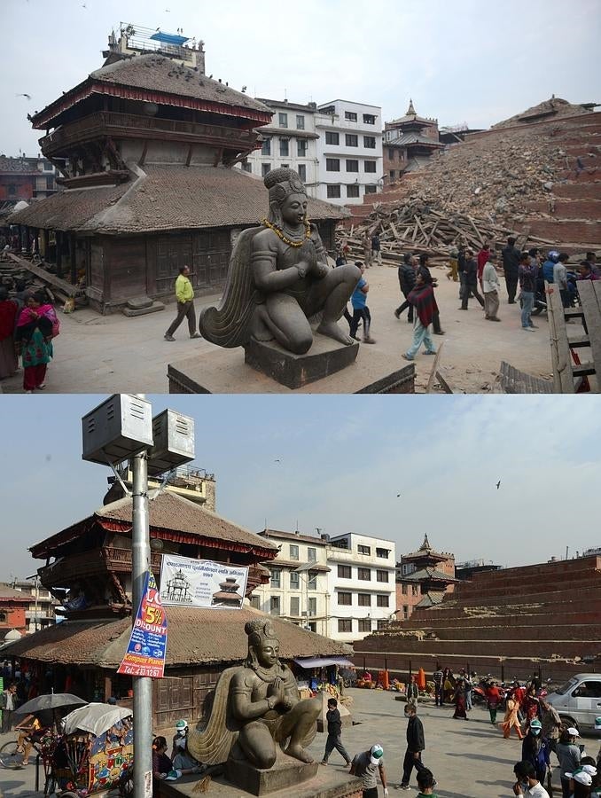 La ciudad de Katmandú los días posteriores al terremoto de Nepal y en la actualidad. 