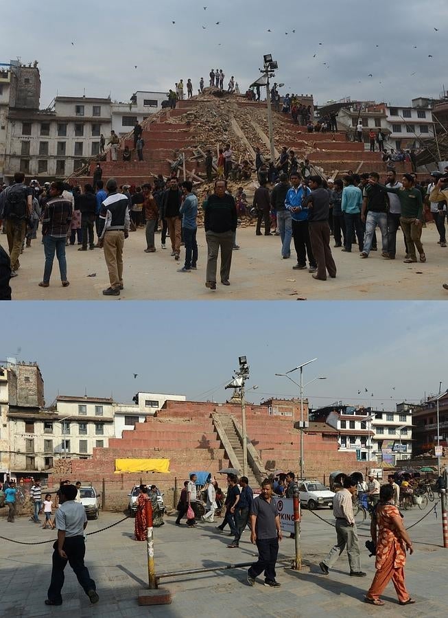 La ciudad de Katmandú los días posteriores al terremoto de Nepal y en la actualidad. 