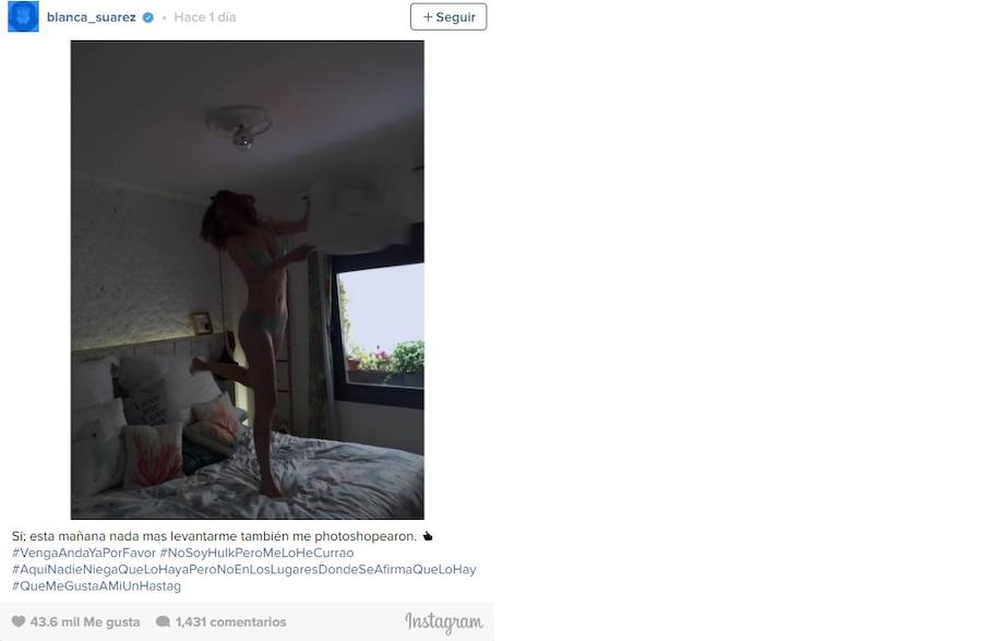 «Sí, esta mañana nada más levantarme también me photoshopearon», dice Suárez en su cuenta de Instagram tras haber sido acusada de lucir retocada en las imágenes de la campaña de Women's Secret. Qué hace dando esos saltos sobre la cama por la mañana no nos lo explicamos