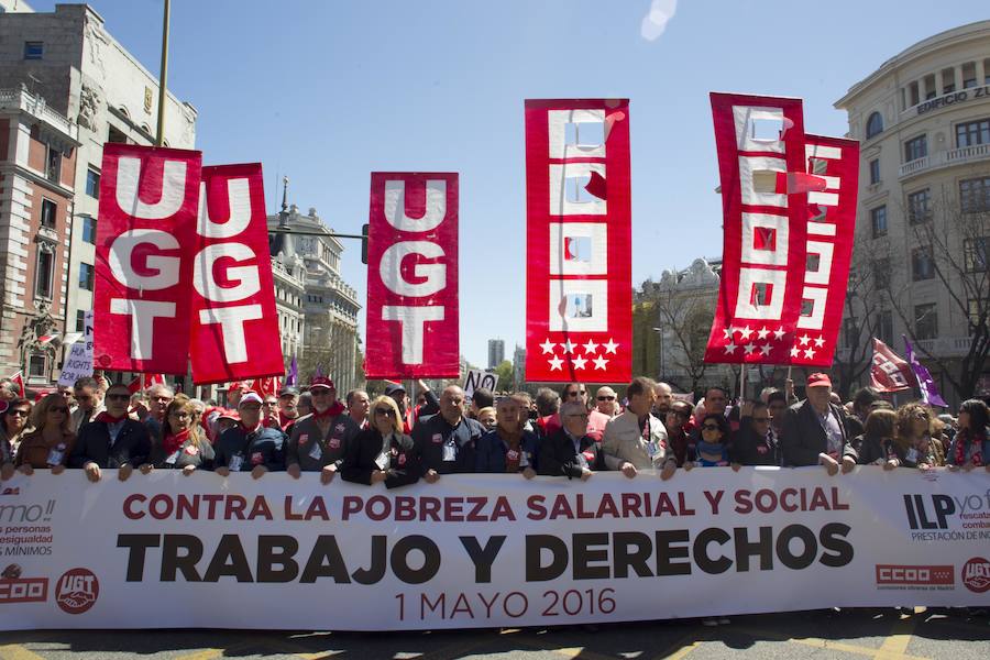 Los secretarios generales de UGT y CC.OO., Pepe Álvarez e Ignacio Fdez Toxo, en la manifestación del Primero de Mayo en Madrid. 