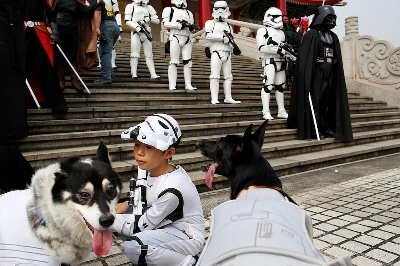 Un niño disfrazado de soldado imperial acaricia a un perro durante el día de Star Wars 