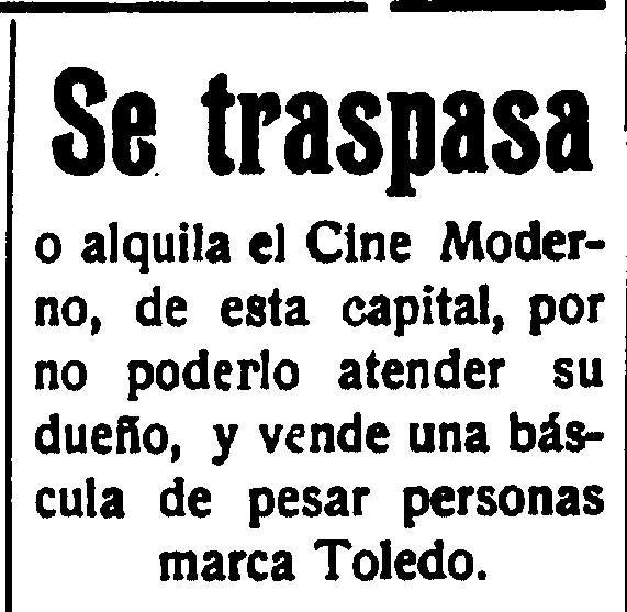 Aviso publicado a principios de 1927 relacionado con el Cine Moderno. 
