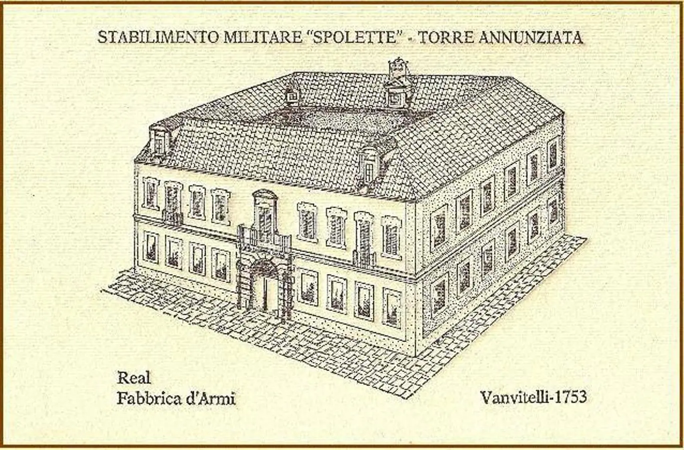Antiguo dibujo de la Fábrica de Armas de Torre Anunnziata en Nápoles. 