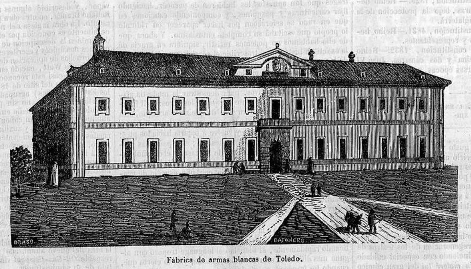 Fachada principal de la Fábrica en un grabado de Batanero (s. XIX). 