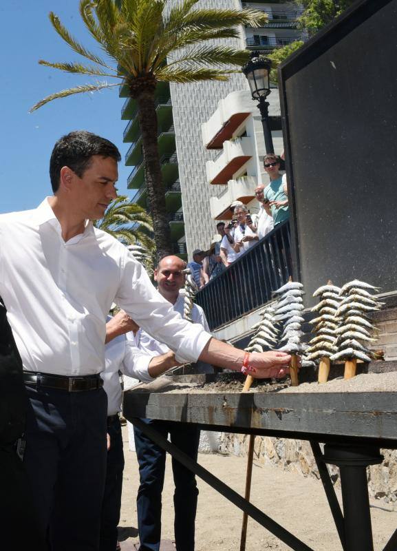 El líder del PSOE y candidato a la presidencia del Gobierno, Pedro Sánchez, escucha las explicaciones del espetero Vicente Padilla, en Marbella, de cómo deben ensartarse las sardinas en las cañas para evitar que se caigan y se quemen. 