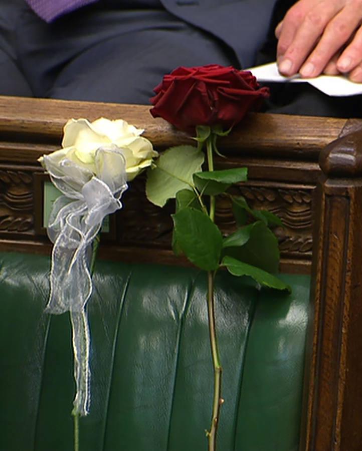 Dos rosas, una blanca y otra roja, ocupan el que era el asiento de la diputado Jo Cox. 