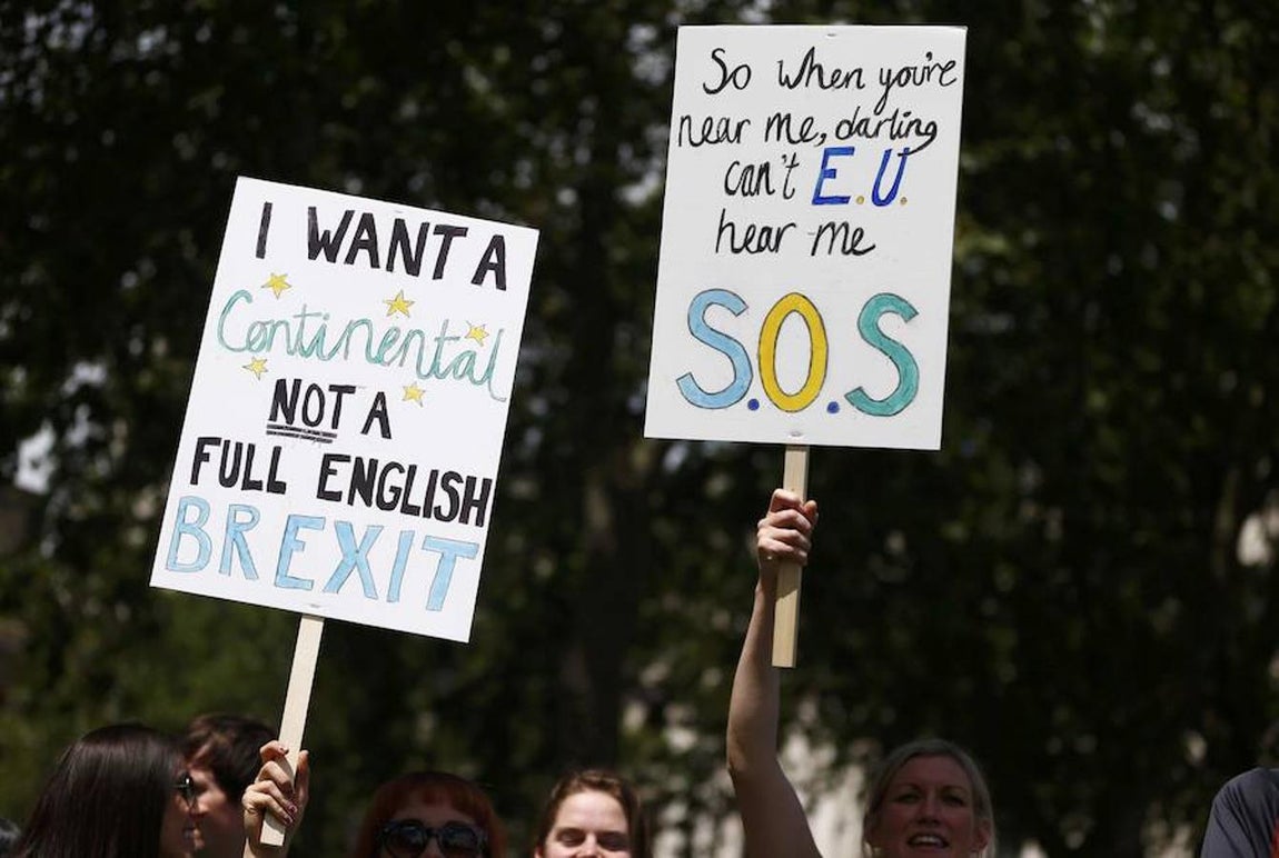 Británicos agitan pancartas mostrando su rechazo a la salida de Reino Unido de la UE. 