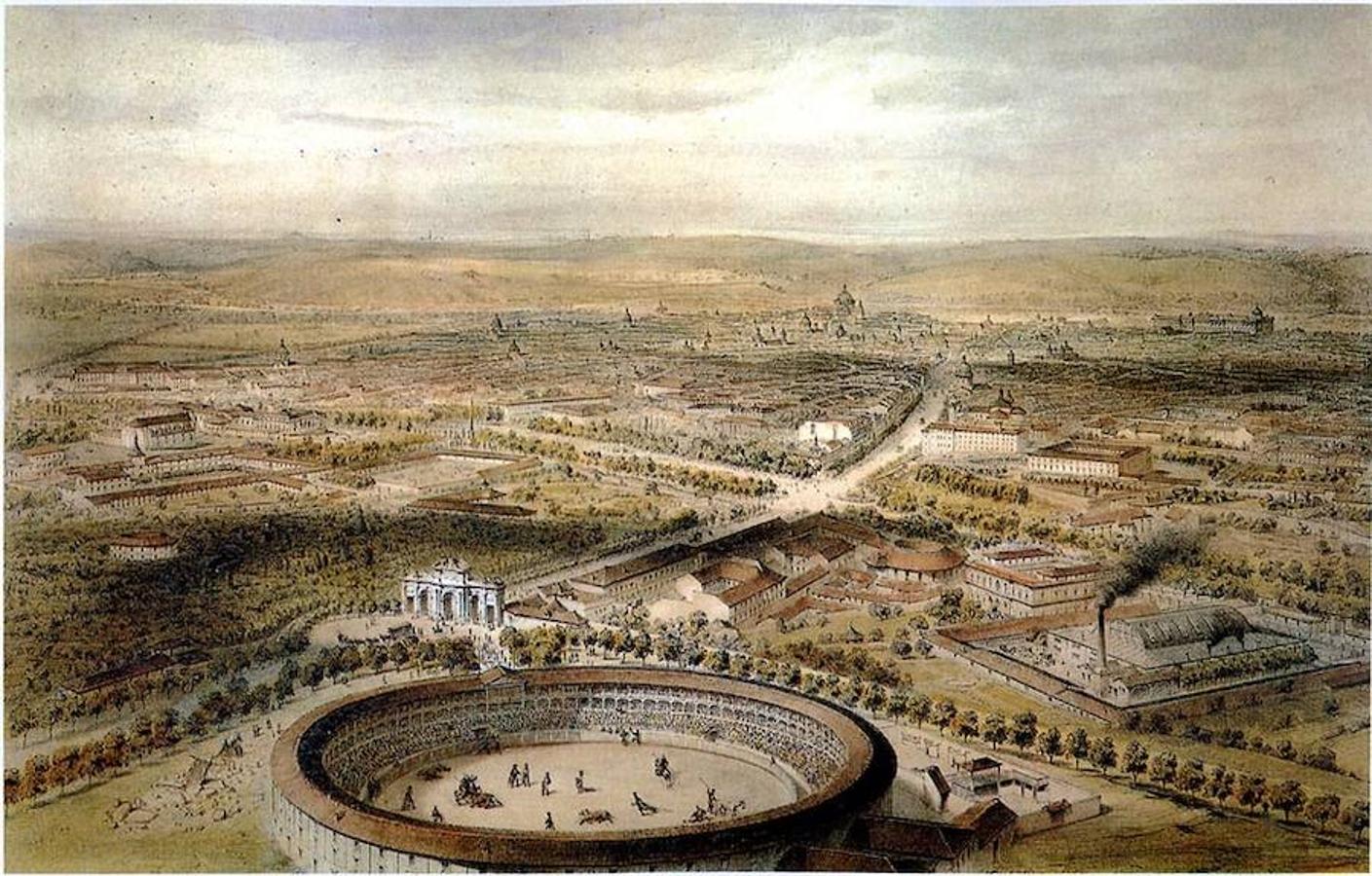 Plaza de Toros de Madrid hacia 1854 en un grabado de Alfred Guesdon. 