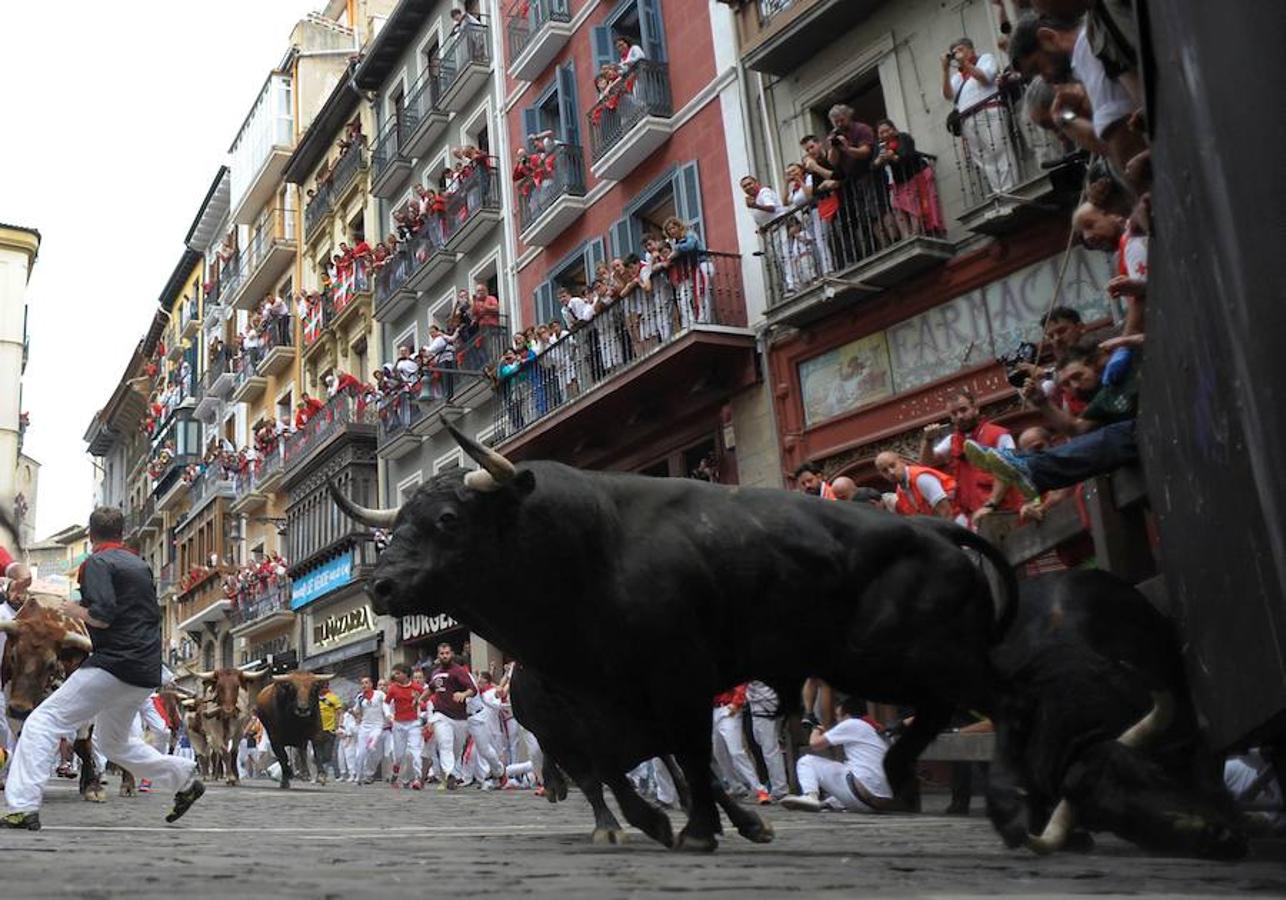 Después de salvar la curva de Estafeta, donde algún astado ha caído al suelo, la manada ha enfilado esta calle muy estirada. 