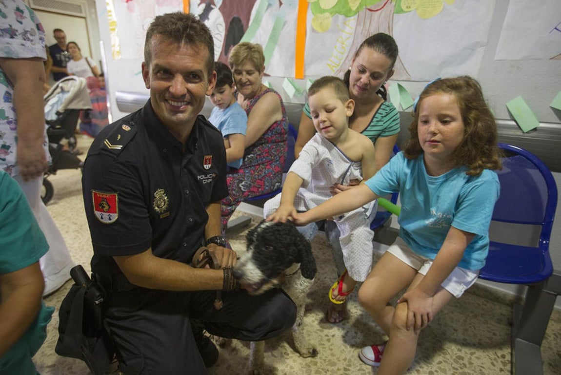 Los guías caninos de la Policía Nacional visitan a los niños del Hospital Puerta del Mar