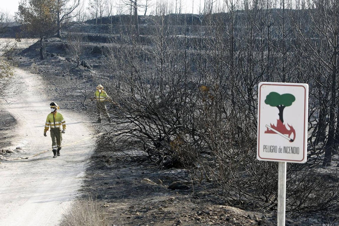 Dos brigadistas trabajan en el parque natural de la Granadella tras el incendio forestal de Javea y Benitachell (Alicante). 