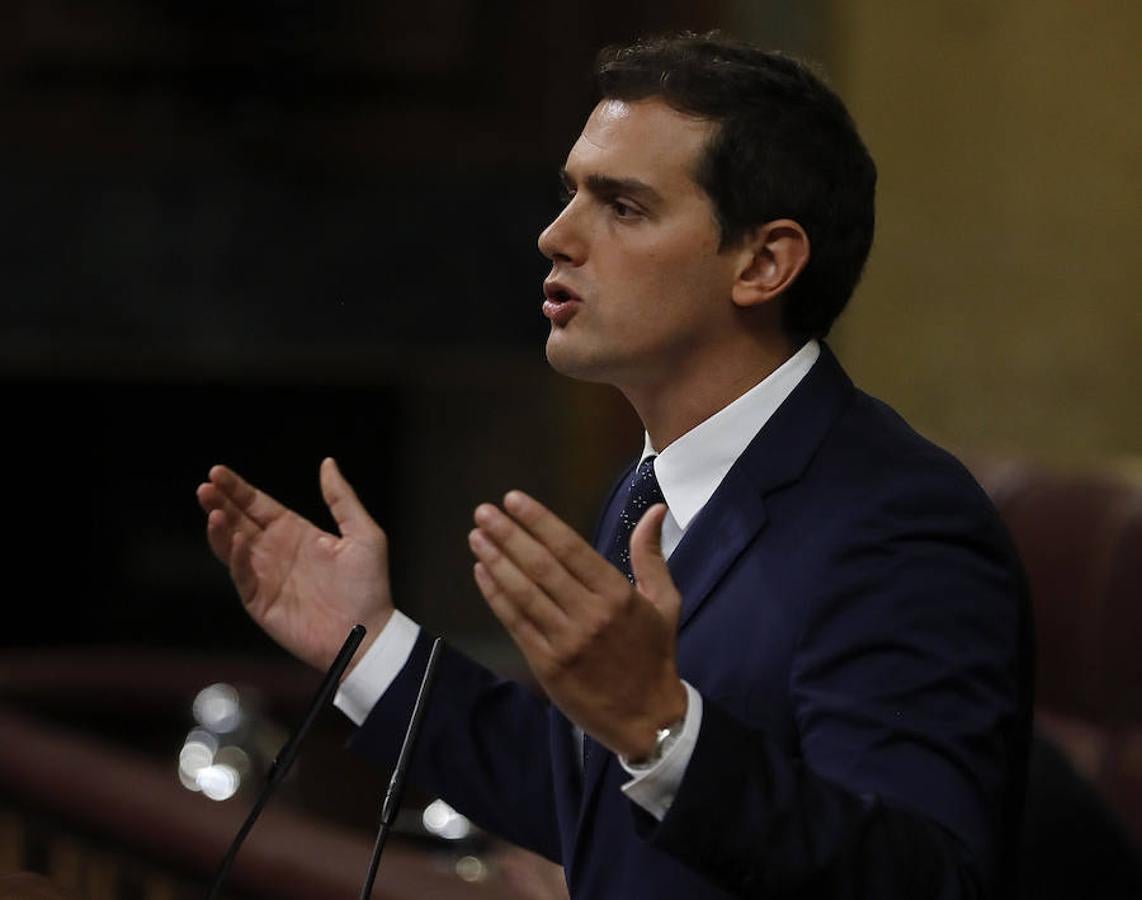 El presidente de Ciudadanos, Albert Rivera, durante su intervención.. 