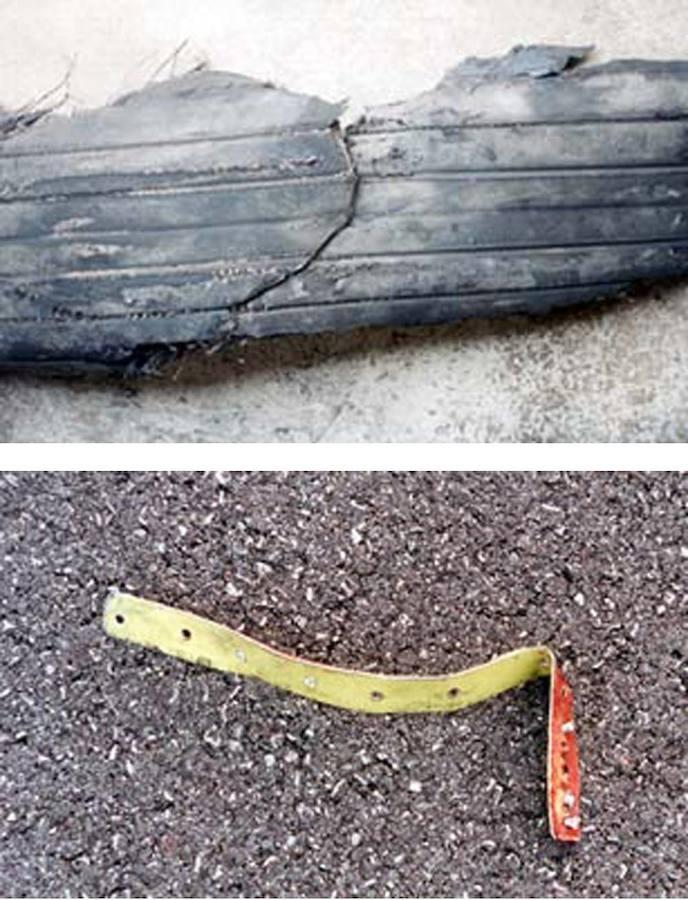 Arriba, fragmento de neumático del tren de aterrizaje del Concorde. Abajo, la tira metálica que provocó el pinchazo y el posterior accidente del avión. Bureau d'Enquêtes et d'Analyses (BEA) pour la Sécurité de l'Aviation civile