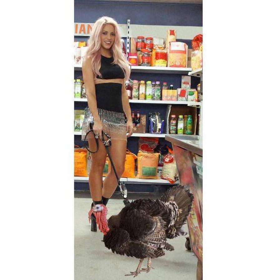 Shakira. Con este divertido montaje, la cantante felicita el Día de Acción de Gracias, en la foto original era un cerdo el que acompañaba a la estrella