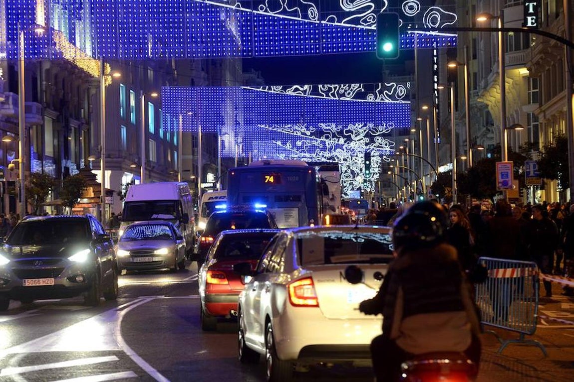 Atascos en las inmediaciones de la Gran Vía de Madrid. 