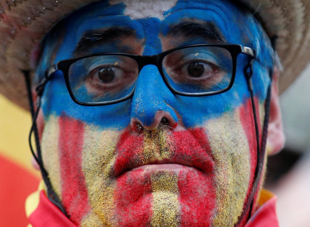 Un ciudadano acude con la cara pintada como apoyo a la presidenta del Parlament, Carme Forcadell. 