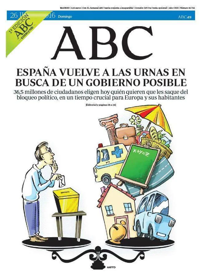 Por primera vez en la historia, España encaró el 26 de junio una repetición electoral. Durante mucho tiempo se vio cerca una tercera llamada a las urnas, pero finalmente no fue necesario. ABC - 26 de junio de 2016