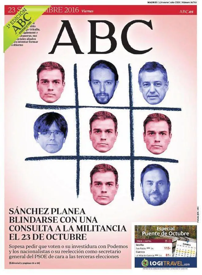 Pedro Sánchez buscó a última hora un gobierno junto a Podemos y los partidos nacionalistas. ABC - 23 de septiembre de 2016