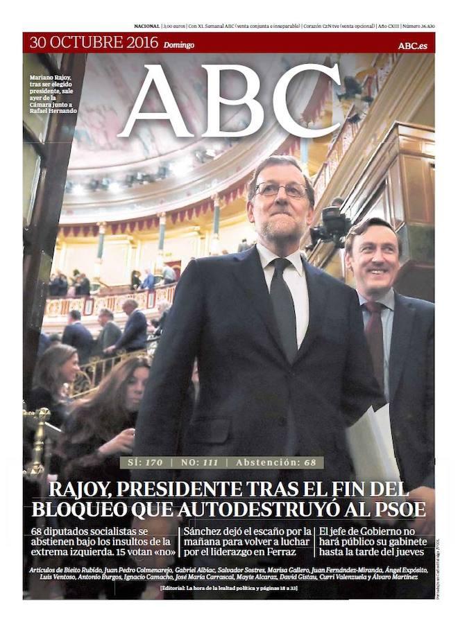 En segunda votación, Mariano Rajoy salió envestido presidente gracias a la abstención de 68 diputados socialistas. Solo unas horas antes, Pedro Sánchez abandonó su acta de diputado para no contradecir la decisión de la gestora socialista. ABC - 30 de octubre de 2016