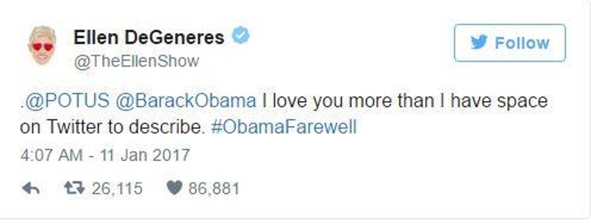 Ellen DeGeneres (comediante). «Te amo más de lo que tengo espacio en Twitter para describir»