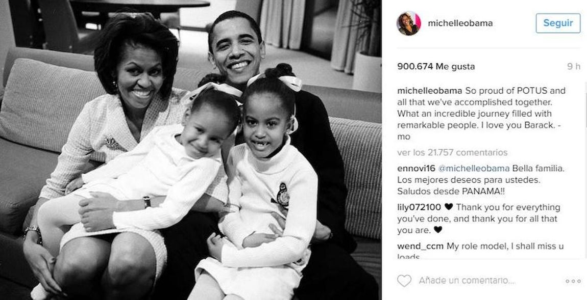 Michelle Obama (primera dama). «Estamos tan orgullosos de POTUS y de todo lo que hemos logrado juntos. Qué increíble viaje lleno de gente notable. Te quiero, Barack»