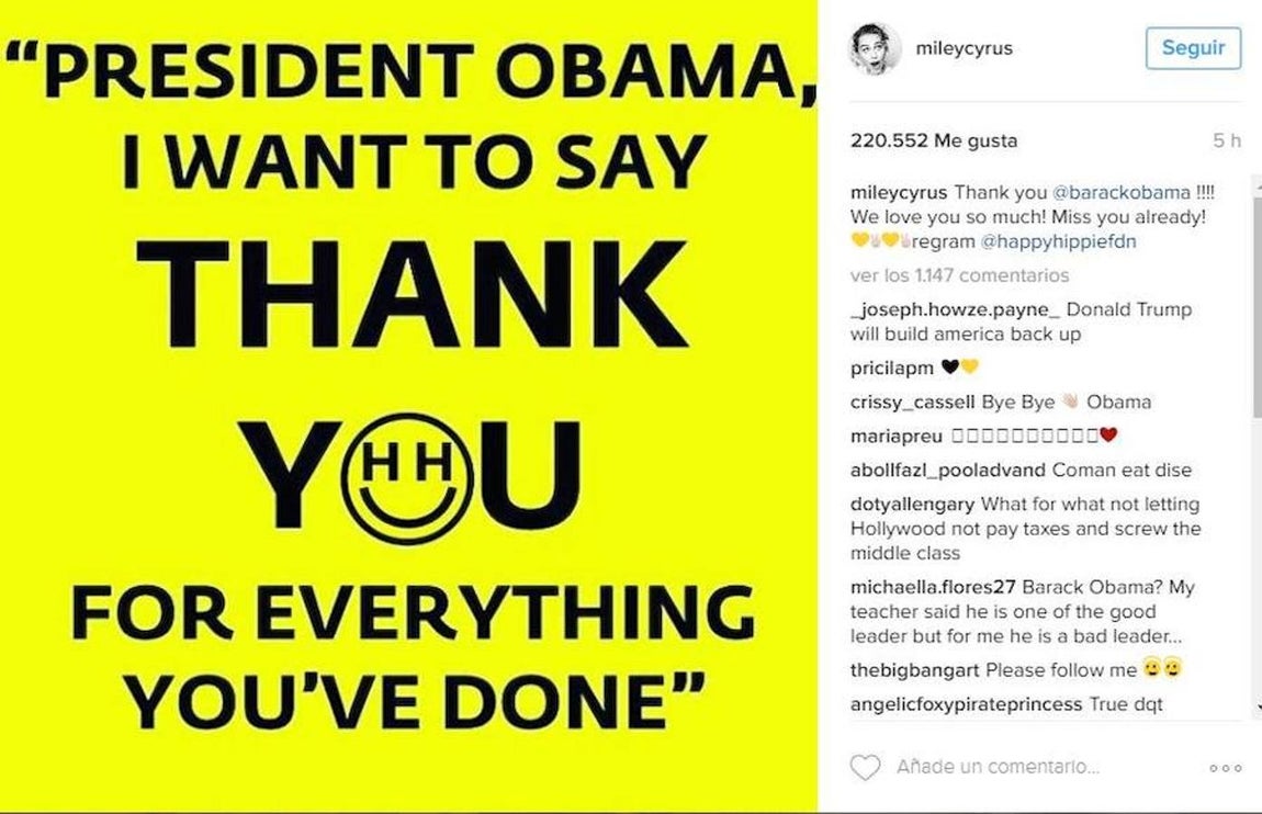 Miley Cyrus (cantante). «Gracias Barack Obama !!!! ¡Te queremos tanto! ¡Ya te extraño!»