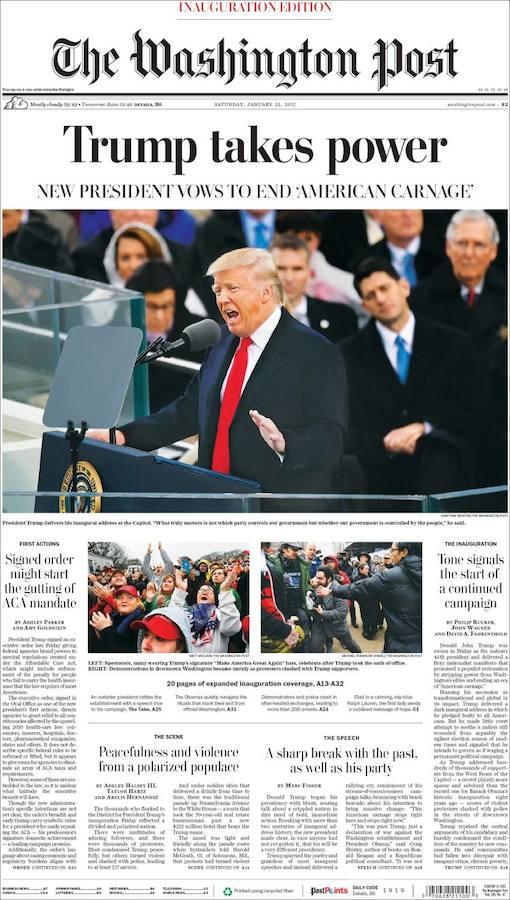 En la portada de «The Washington Post» Trump aparece dando su discurso de la ceremonia de inauguración. Titula: «Trump toma el poder. El nuevo presidente llama a terminar con "la carnicería de América"».. 