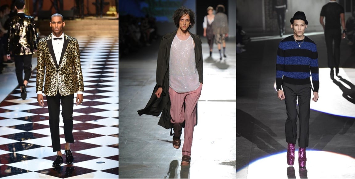 Oda al brillo. Cada vez más las tendencias pierden el género, se mezclan y difuminan para ofrecer una versión nueva y mejorada de si misma. En esta ocasión, le ha tocado el turno a los brillos. Aunque ya los hemos visto tímidamente en otras colecciones, esta primavera 2017 llegan pisando fuerte. Paillettes y lentejuelas copan todo tipo de tejidos y prendas para un hombre ostentoso y llamativo según D&amp;G, DSquared2 o Vivienne Westwood.