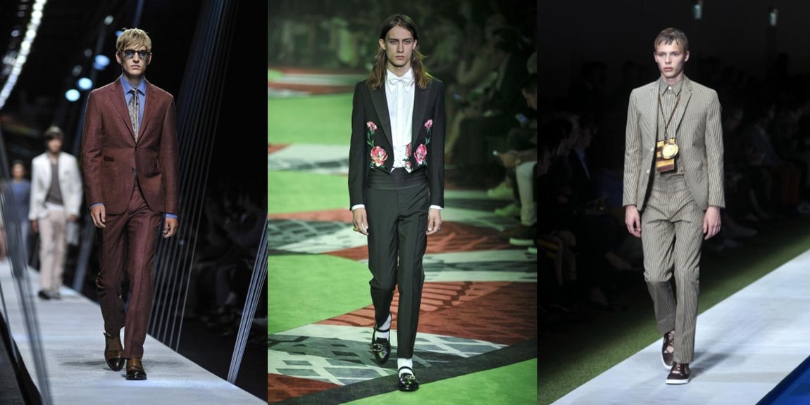 Larga vida a la sastrería. Vuelven los volúmenes y los hombros se convierten en grandes protagonistas. Como si de la década de los 80 se tratara, las hombreras vuelven a ensalzar la figura masculina con su versión más exagerada en trajes de chaqueta. Blazers cruzados, raya diplomática e incluso estampados, que también dejan sitio a los clásicos. Fendi, Chanel, Dolce &amp; Gabbana y Gucci.