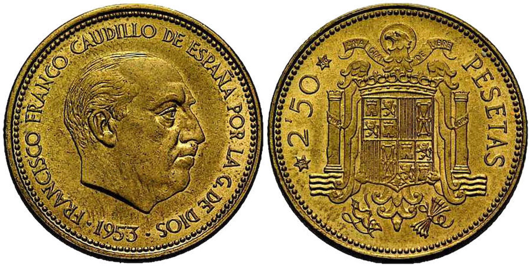 2,5 Pesetas 1953. Es una tarea difícil encontrar esta moneda, por lo que las personas que tengan alguna en buen estado de conservación se pueden llegar a embolsar hasta 1.700 euros.. Fuenterebollo.com