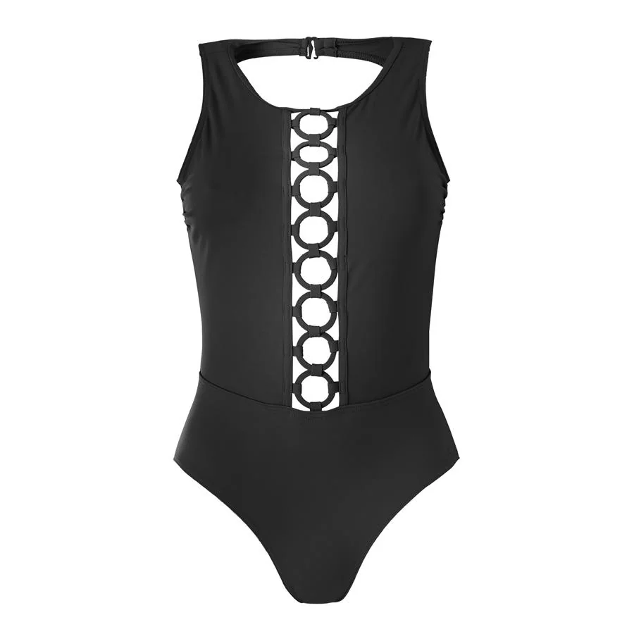 Bañador en color negro con escote halter (110€).