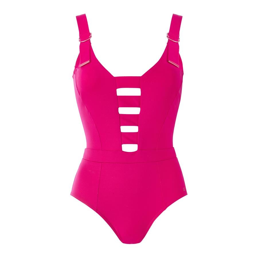 Bañador en color fucsia con hebillas (110€)