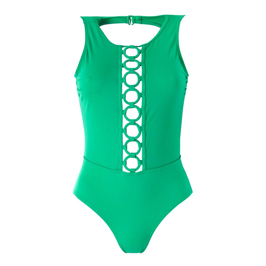 Bañador en color verde con abertura en el escote (110€).