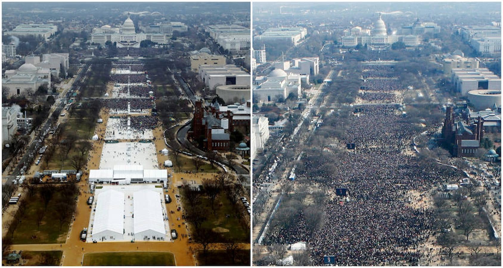 Una combinación de fotos tomadas en el National Mall muestra a las multitudes que asisten a las ceremonias de toma de posesión para jurar en el presidente de EE.UU. Donald Trump el 20 de enero de 2017 y el presidente Barack Obama el 20 de enero de 2009, en Washington, EE.UU