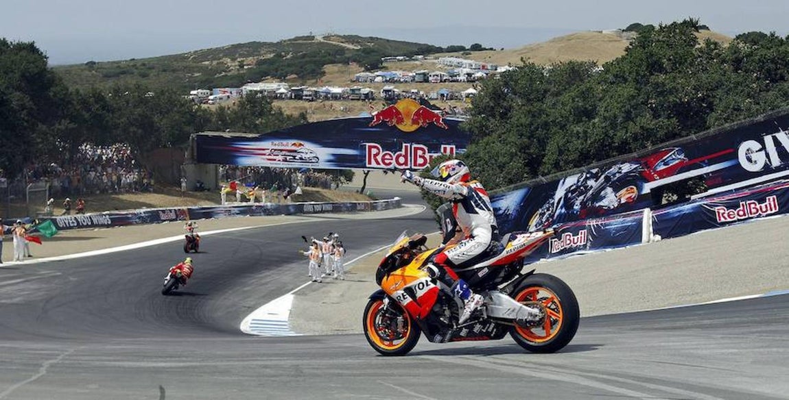 Nicky Hayden, en el célebre «sacacorchos» del circuito estadounidense de Laguna Seca. Imagen tomada en el Gran Premio Celebrado en 2006, año en el que se proclamó campeón del mundo. Efe