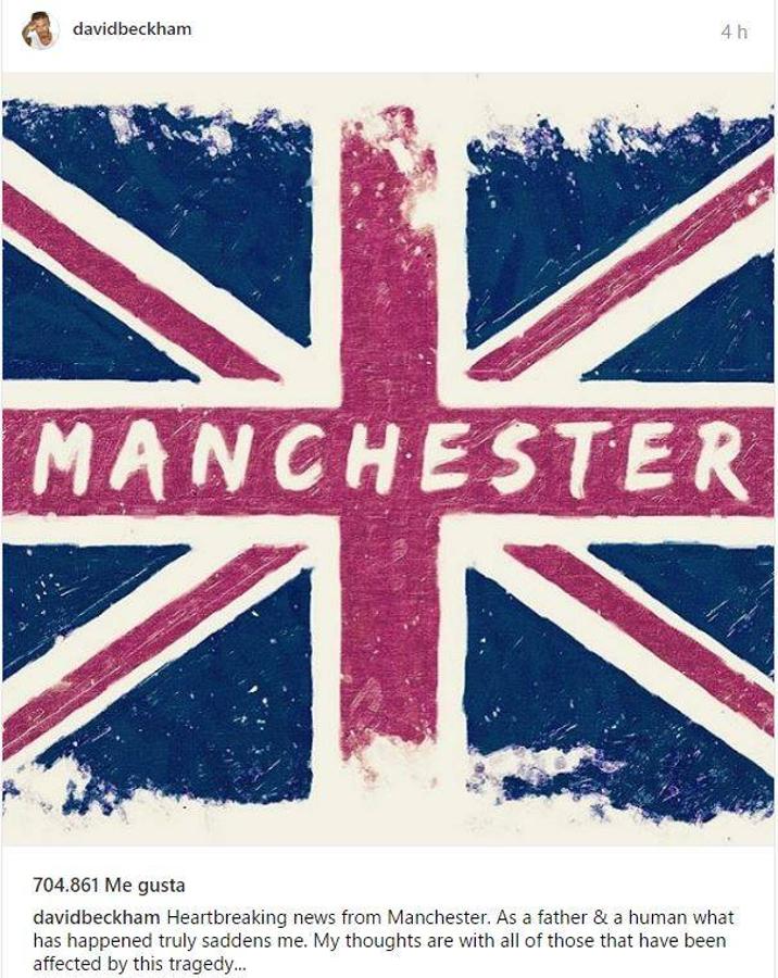 David beckham, futbolista. «Noticias desgarradoras de Manchester. Como padre y ser humano que es lo que verdaderamente me ha entristecido. Mis pensamientos están con todos aquellos que han sido afectados por esta tragedia ...»