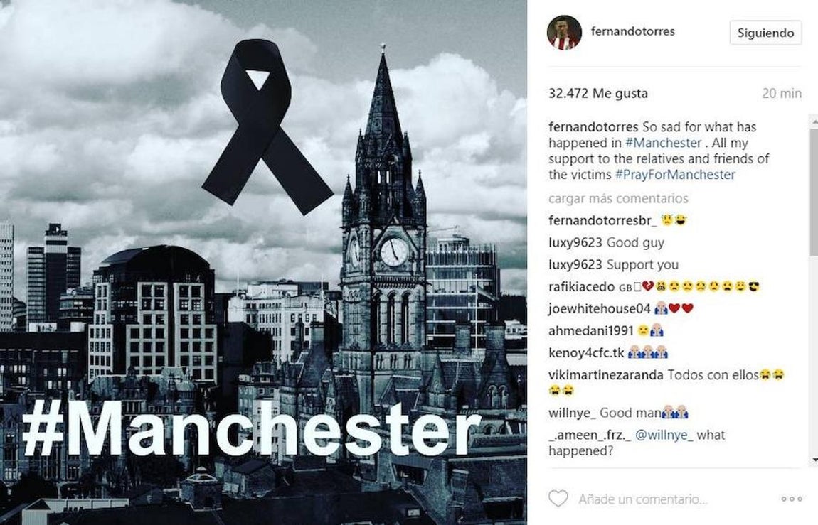 Fernando Torres, futbolista. «Tan triste por lo que ha sucedido en #Manchester. Todo mi apoyo a los familiares y amigos de las víctimas #PrayForManchester»