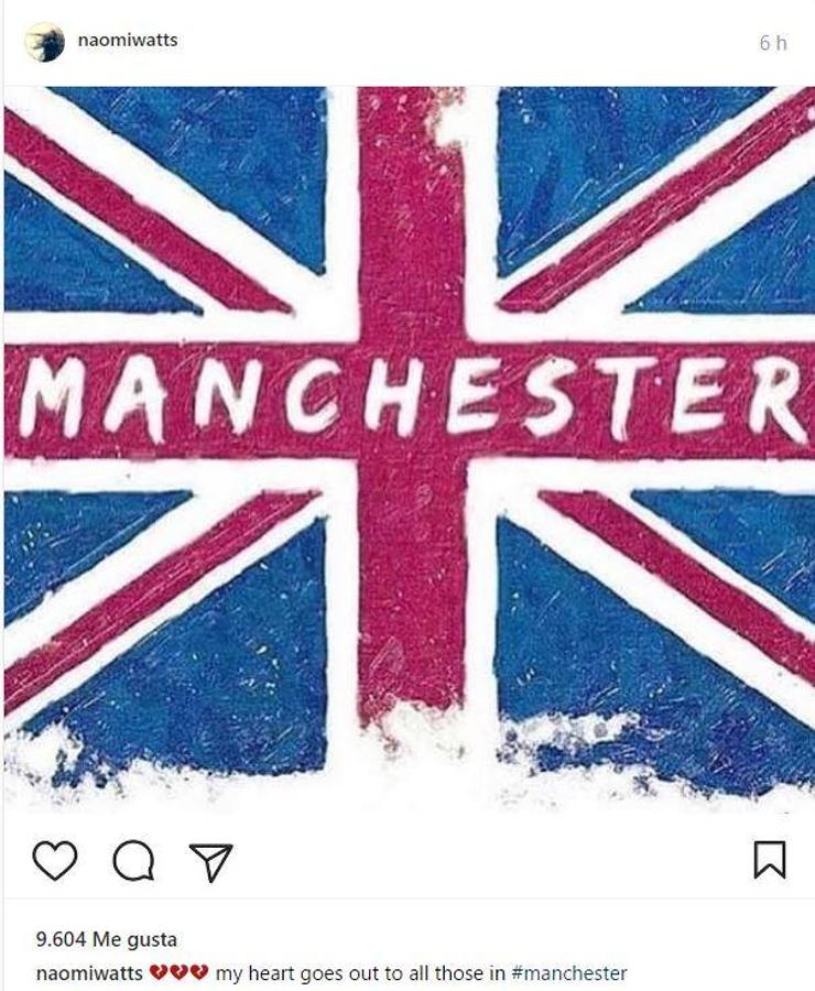 Naomi Watts, actriz. «Mi corazón está con todos en Manchester»