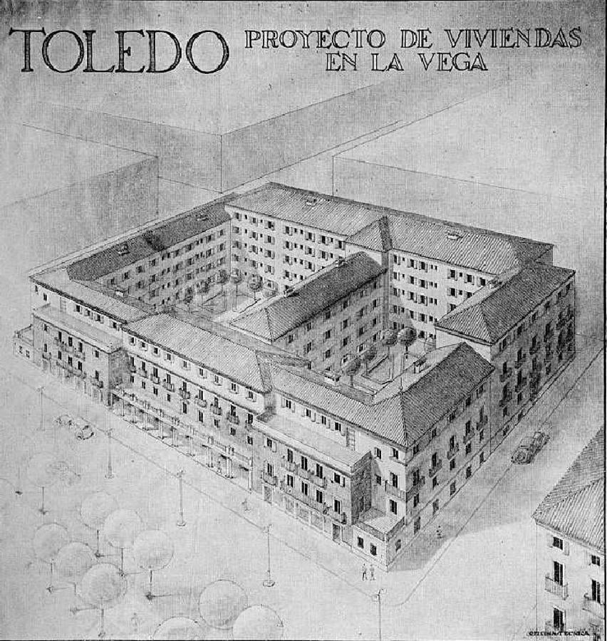 Proyecto del primer Bloque de la avenida de la Reconquista por Fernández Vallespín en la revista Reconstrucción (1941). Web Archivo Municipal de Toled. 