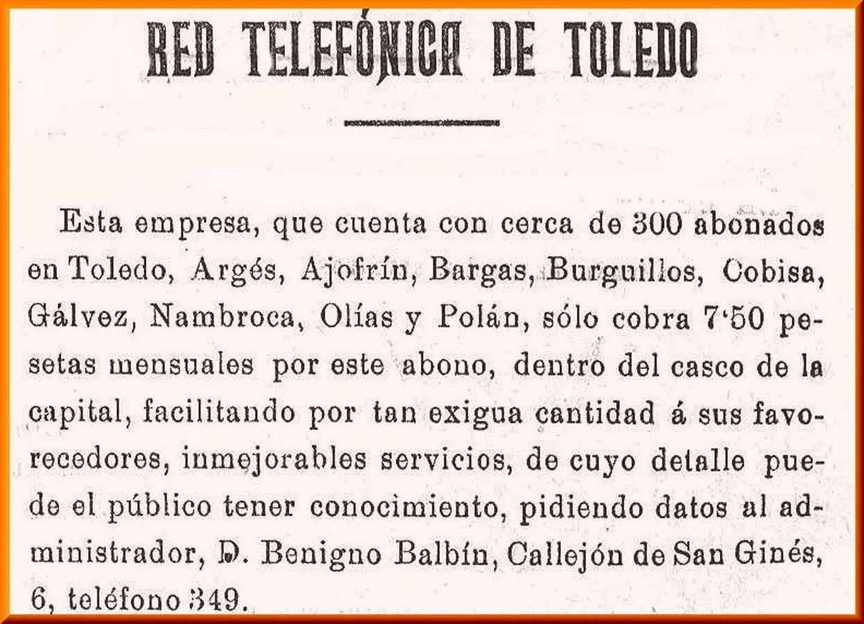 Anuncio de la Red Telefónica de Toledo en 1899
