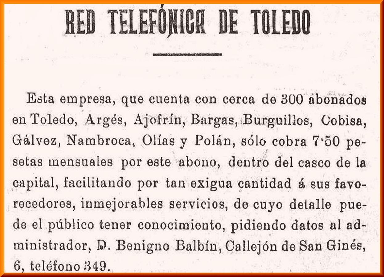 Anuncio de la Red Telefónica de Toledo en 1899. 